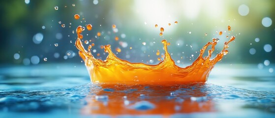 Wall Mural - Orange Liquid Splashing in Blue Water with Bokeh Background