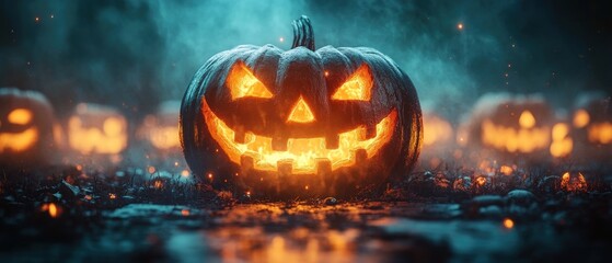 Wall Mural - Glowing Jack-o'-lantern in a Spooky Forest Setting