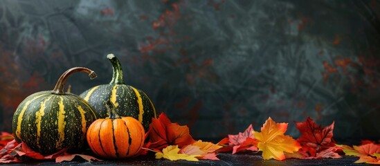 Poster - Halloween arrangement Green pumpkin alongside orange pumpkin and autumn leaves in the background with copy space