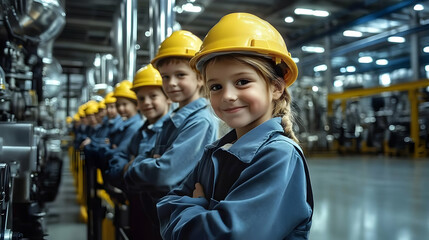 Poster - Children in safety helmets posing in an industrial setting.