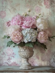 Canvas Print - Delicate peonies and hydrangeas in muted tones are arranged in an antique vase, creating a charming vintage display against a floral background. Generative AI