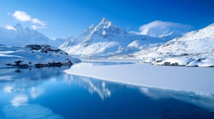 A serene glacial lake surrounded by snow-capped mountains under a clear blue sky.