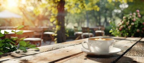 Wall Mural - Cup of coffee on a rustic table at an outdoor cafe. Copy space image. Place for adding text and design