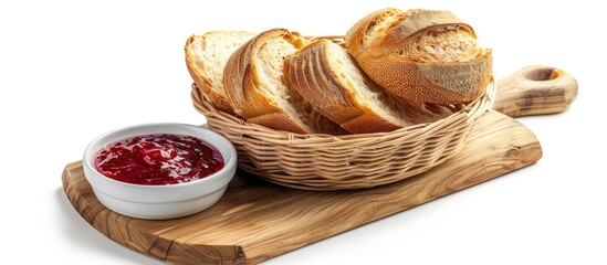 Wall Mural - Slices of whole grain French bread placed in baskets with strawberry jam on a wooden chopping board set against a white background. Copy space image. Place for adding text and design