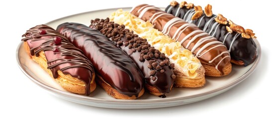 Sticker - Plate with assorted glazed eclairs set against a white background. Copy space image. Place for adding text and design