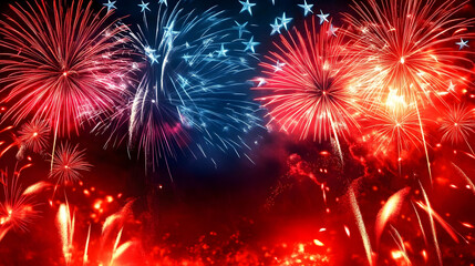 Wall Mural - Colorful fireworks display in red, white, and blue.