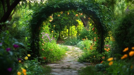 A stone pathway winds through a lush green garden with blooming flowers, leading to an archway covered in foliage.