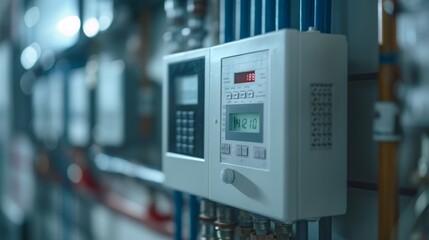 An industrial control panel with a digital display and buttons for managing various utilities and systems.