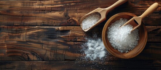 Canvas Print - Salt and a small wooden scoop in a wooden dish on a wooden surface Copyspace Top view