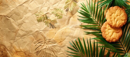 Sticker - textured vintage paper background featuring palmera biscuit. Copy space image. Place for adding text and design