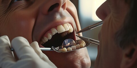 Dentist examining patienta??s teeth with angled mirror, closeup of mouth in clinic