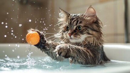 Wall Mural - A playful cat batting at a toy floating in a bath, with its fur wet and water splashing around