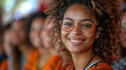 A woman with curly hair and glasses is smiling