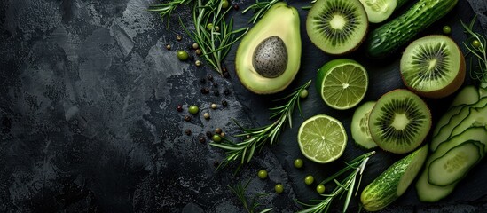 Green fruits vegetables and rosemary against a black background Artistic arrangement of natural green products Avocado kiwi lime and cucumber on a slate blackboard. Copy space image