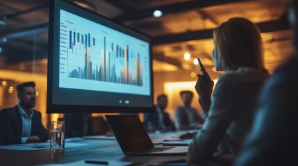 Wall Mural - A professional presenting a business graph on a digital projector during a board meeting, with colleagues attentively observing.