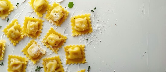 Sticker - Italian ravioli on a pale backdrop accompanied by sour cream. Copy space image. Place for adding text and design