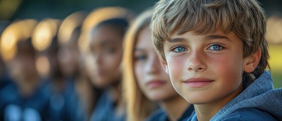 Wall Mural - Closeup Portrait of a Boy with Blue Eyes and Freckles