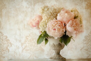 Wall Mural - Delicate peonies and hydrangeas in muted hues fill an ornate vase, creating a timeless floral arrangement with vintage charm. Generative AI