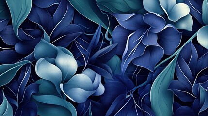 Wall Mural - Elegant blue floral pattern with lush botanical details