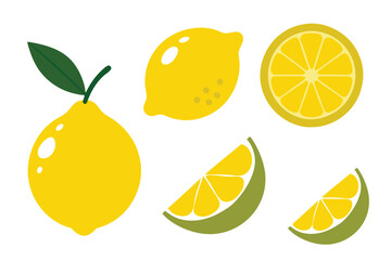 Wall Mural - Set of lemons in doodle style. Collection of lemons on a branch, a slice of a lemon, half a lemon. Vector