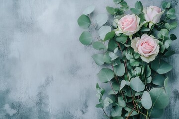 Aufkleber - The stylish bouquet features soft pink roses alongside lush eucalyptus leaves, elegantly displayed on a textured concrete surface. Generative AI