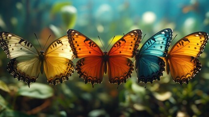 Wall Mural - Colorful butterflies resting on foliage in a serene environment.