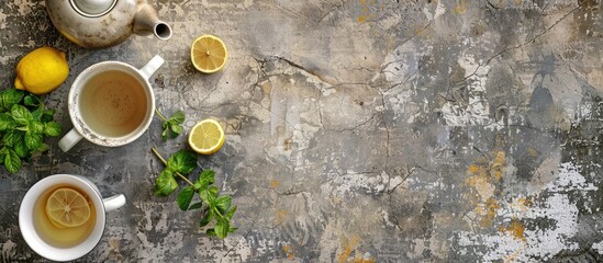 Canvas Print - Herbal tea featuring mint and lemon Teacup and teapot on a stone table Top view flat lay with copy space