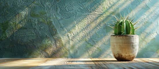 Sticker - Cactus on a wooden table sunlight on the pot copy space