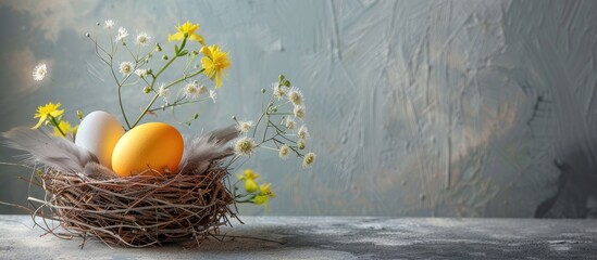 Sticker - yellow Easter egg in a nest gray feathers and a white ceramic egg cup with a bouquet of early flowers on a cement or concrete background copy space