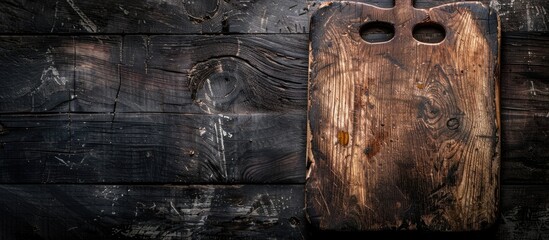 Poster - A worn cutting board on a dark wooden table Top view Copyspace