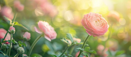 Poster - Pink Persian buttercup surrounded by blurred green leaves and sunlight for gardening and decoration inspiration. Copy space image. Place for adding text and design