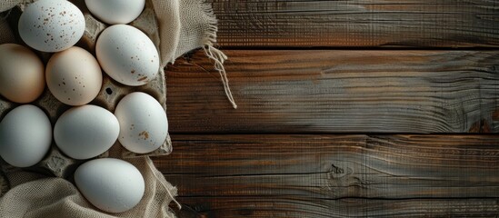 Canvas Print - eggs on a wooden background. Copy space image. Place for adding text and design