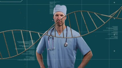 Sticker - DNA strand animation over medical professional in scrubs with stethoscope