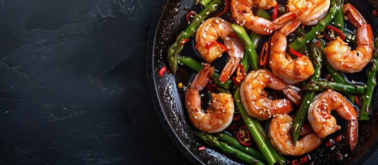 Wall Mural - Chinese cuisine featuring shrimp and asparagus stir fried with chili pepper. Copy space image. Place for adding text and design