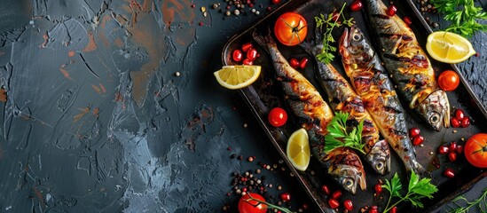 Wall Mural - Japanese autumn dishes feature grilled Pacific saury accompanied by Sudachi citrus. Copy space image. Place for adding text and design