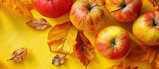 Poster - Colorful ripe apples on yellow leaves nutritious organic food for a healthy diet. Copy space image. Place for adding text and design