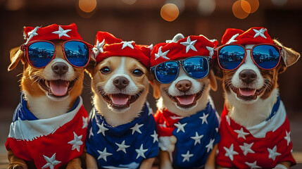 Sticker - Four dogs dressed in festive attire with sunglasses, smiling.