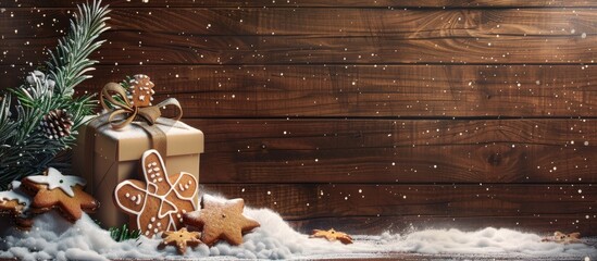 Wall Mural - Christmas card featuring a gift box gingerbread cookies and a fir tree branch blanketed in snow against a wooden wall Includes space for your greetings. Copy space image