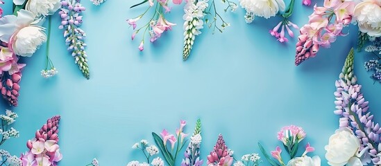 Canvas Print - Blue background featuring white peonies and pink lupine flowers Copy space Top view