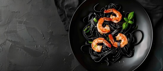 Poster - Black pasta with shrimp on a black plate Viewed from above Set against a black background Free copy space