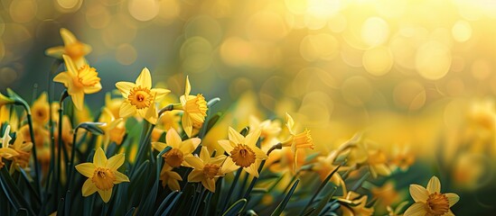 Canvas Print - Beautiful background of yellow narcissus or daffodil flowers. Copy space image. Place for adding text and design