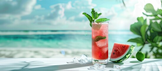 Slices of watermelon and a small cocktail with a fresh mint leaf in a glass on a white tabletop with a blurred background of an exotic sandy beach and blue sky Empty copy space for products and food