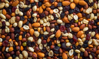 Wall Mural - Pile of different nuts mix with dried fruit background , Generative AI