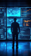 Wall Mural - A man stands in front of a computer monitor with a blue screen. The man is looking at the screen, and the monitor displays a variety of data and information. Concept of focus and concentration