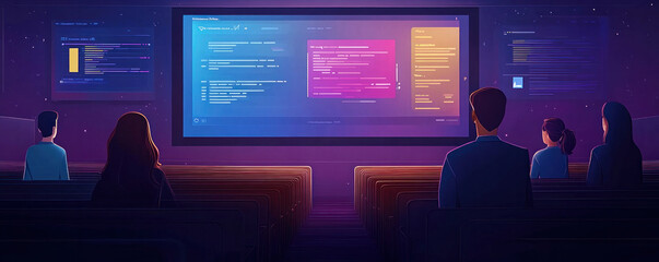 A group of people are watching a computer screen with a colorful display. Scene is lively and engaging, as the people are all focused on the screen