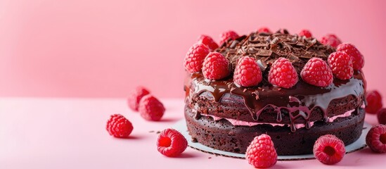 Sticker - Chocolate cake with cottage cheese and raspberries on a bright background Background image copyspace