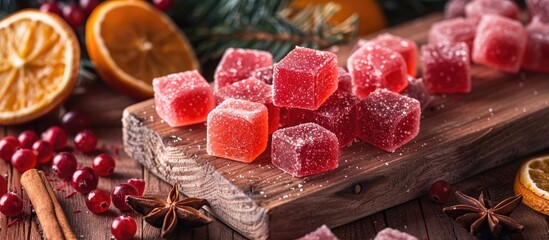 Christmas treats classic Christmas hard candies accompanied by sliced dried oranges cinnamon and cranberries on a vintage wooden board Square image. Copy space image. Place for adding text and design