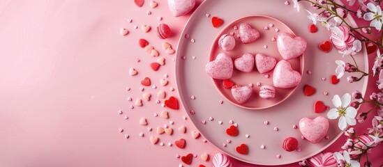 Canvas Print - Mother s Day celebration flat lay featuring pink hearts plates and candy on a pink background. Copy space image. Place for adding text and design