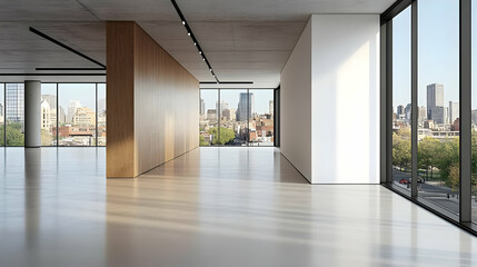 Wall Mural - Modern office space with large windows and urban view.