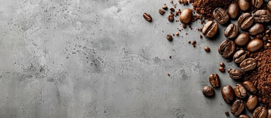 Wall Mural - Roasted coffee beans and ground coffee on a gray background Copyspace Viewed from directly above